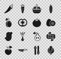 Set Garlic, Leaf Eco symbol, Kiwi fruit, Basket and food, Tomato, Plum, Hot chili pepper and icon. Vector Royalty Free Stock Photo