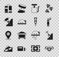Set Gas mask, Shovel and stone, Dynamite, Handle detonator, Miner helmet, Construction jackhammer, entrance and icon