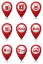 Set of Gas station icons on green map pointers