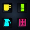 Set Gas stove, Coffee cup, Jug glass with water and Refrigerator. Black square button. Vector