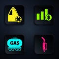 Set Gasoline pump nozzle, Antifreeze canister, Gas railway cistern and Pie chart infographic and dollar. Black square Royalty Free Stock Photo