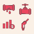 Set Gasoline pump nozzle, Broken metal pipe with leaking water, Industry metallic pipes and valve and Pie chart
