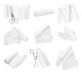 Set with gauze bandages on background