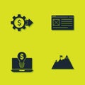 Set Gear with dollar, Mountains flag, Light bulb on laptop and Browser window icon. Vector