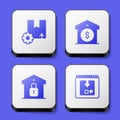 Set Gear with package box, Warehouse price, Closed warehouse and Online app delivery tracking icon. White square button Royalty Free Stock Photo