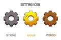 Set of gear settings icons gold, wooden and stone.