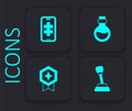 Set Gear shifter, Mobile gaming, Bottle with magic elixir and Game rating medal icon. Black square button. Vector Royalty Free Stock Photo