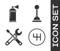 Set Gear shifter, Paint spray can, Screwdriver and wrench tools and Gear shifter icon. Vector Royalty Free Stock Photo