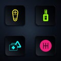 Set Gear shifter, Timing belt kit, First aid and warning triangle and Car key with remote. Black square button. Vector Royalty Free Stock Photo