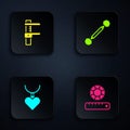 Set Gem stone, Calliper or caliper and scale, Necklace with heart shaped pendant and Piercing. Black square button Royalty Free Stock Photo