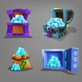 Set of gems treasure in chest, bag and safe.