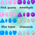 Set of gemstones: pink quartz, ametysts, blue topaz, diamonds Royalty Free Stock Photo