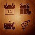 Set Gender, Calendar with February 14, Envelope with heart and Gift box and heart on wooden background. Vector