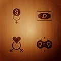 Set Gender equality, Feminism finance, and Money growth woman on wooden background. Vector Royalty Free Stock Photo