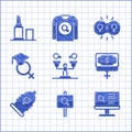 Set Gender equality, Feminist activist, Dating app, Money growth woman, Condom, Teacher, and Lipstick icon. Vector Royalty Free Stock Photo