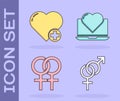 Set Gender, Heart, Female gender symbol and Laptop with heart icon. Vector