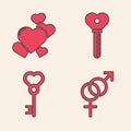 Set Gender, Heart, Key in heart shape and Key in heart shape icon. Vector