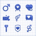 Set Gender, Heart with shield, Male gender symbol, Like and heart, Key in shape, Envelope, and icon. Vector