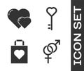 Set Gender, Heart, Shopping bag with heart and Key in heart shape icon