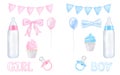 Set for gender reveal party, baby shower. Newborn boy or girl. Blue pink flags, milk bottle, pacifier, bow, balloon Royalty Free Stock Photo