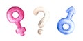 Set of gender symbols and question mark air ballon. Male, female Watercolor illustration, hand drawn