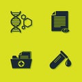 Set Genetic engineering, Test tube with drop of blood, Health record folder and Paper page eye icon. Vector