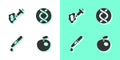 Set Genetically modified apple, Syringe, Pipette and DNA symbol icon. Vector Royalty Free Stock Photo