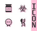 Set Genetically modified chicken, GMO, Label for bio healthy food and Biohazard symbol icon. Vector Royalty Free Stock Photo