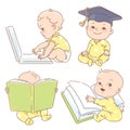 Set with genius clever babies in pajamas, studying Royalty Free Stock Photo