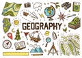 Set of geography symbols. Equipments for web banners. Vintage outline sketch for web banners. Doodle style. Education