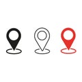 a set of geolocation icons, a location indicator icon on the map, a red navigation sign
