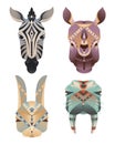 Set of the geometric abstract animals head. Zebra, rhino, hare, walrus