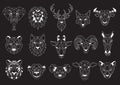 Set of Geometric abstract animals. White animals on black background. Trendy mono line vector design