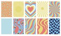 A set of geometric abstract retro posters with a chess background, sun, heart, waves, smiley face and psychedelic swirl Royalty Free Stock Photo