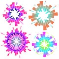 Set of geometric circular neon equalizer. Colorful eq round audio soundwaves. Vector illustration.