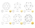 Set of geometric 3D polyhedron shapes from triangular faces for graphic design. Frame volumetric gold form with edges and vertices