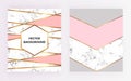 Set geometric designs posters with gold, cream, grey, pastel pink colors and marble texture stripesr background. Template for invi