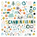 Set of geometric elements, doodles, circles, brush strokes, and figures in the Scandinavian style. Set of hand drawn