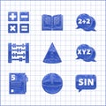 Set Geometric figure Cone, Sphere, Mathematics function sine, XYZ Coordinate system, Test exam sheet and pen, Abacus Royalty Free Stock Photo