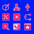 Set Geometric figure Cube, 3D printer software, Isometric cube, setting, scanner and 3d pen tool icon. Vector