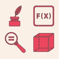 Set Geometric figure Cube, Feather and inkwell, Function mathematical symbol and Calculation icon. Vector