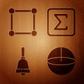 Set Geometric figure Sphere, Geometric figure Square, Ringing bell and Sigma symbol on wooden background. Vector