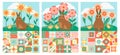 Set Geometric illustration with brown rabbit, chickens and flowers with neo geometry pattern. Royalty Free Stock Photo