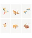 Set of geometric modern graphic elements vector. Asian icons with Japanese pattern. Origami paper folding icon. Crane birds, Royalty Free Stock Photo