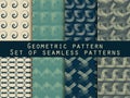 Set of geometric seamless patterns. Green color. For wallpaper, bed linen, tiles, fabrics, backgrounds.