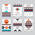 Set of geometric tribal colorful flyers, brochure templates, design elements, modern tribal pattern, gift card