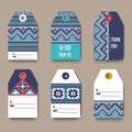 Set of geometric tribal colorful tags with Aztec pixel pattern, label templates, design elements, modern , gift card -