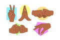 Set of gesture or sign stickers with brown hands. Vector.