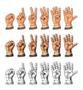Set of gestures of hands counting from zero to five. Male Hand sign.