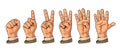 Set of gestures of hands counting from zero to five. Male Hand sign.